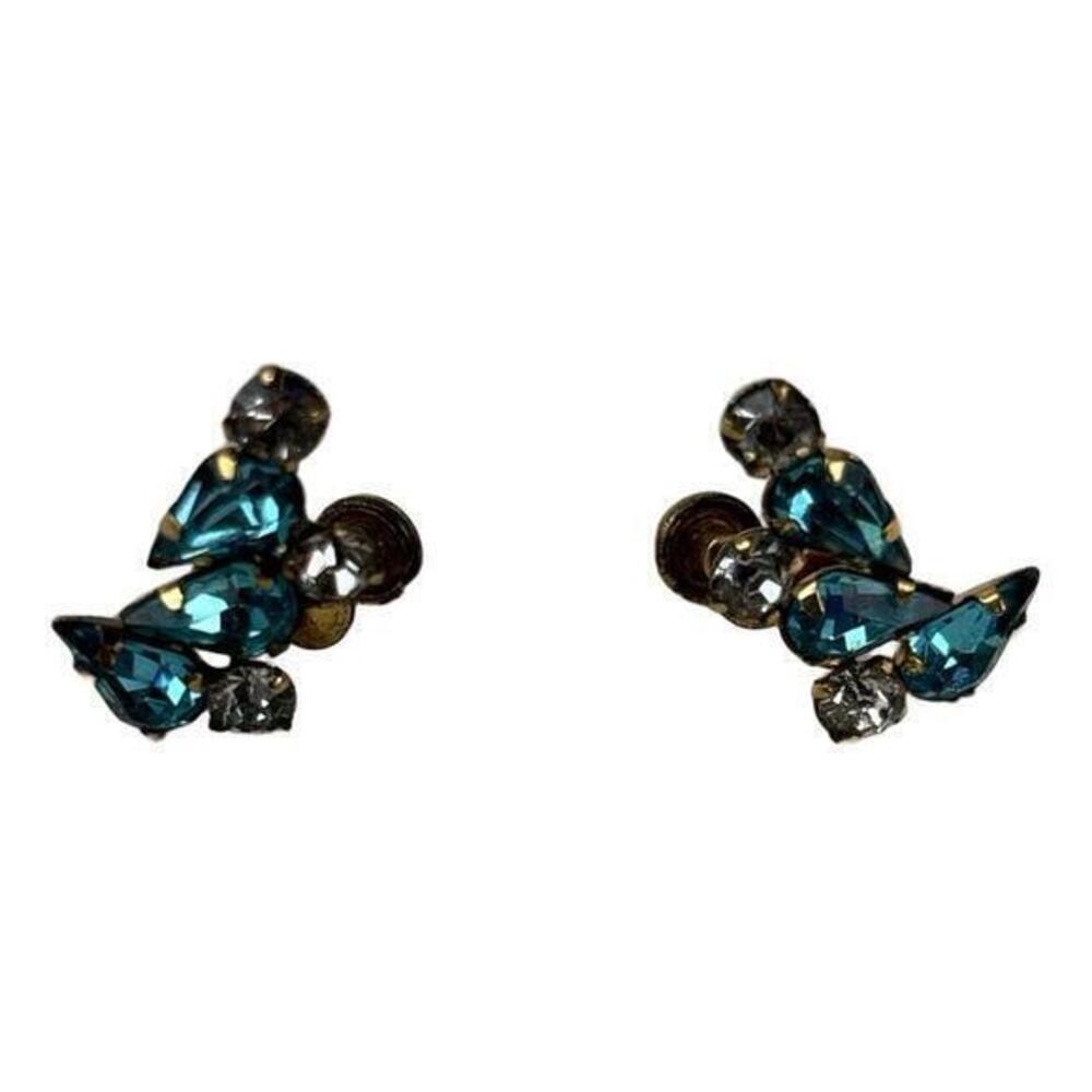 Vintage Gold Tone Aqua Blue Cluster Screw Back Earrings